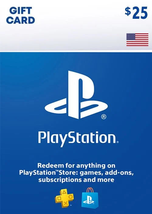 Sony PlayStation Network gift card for $25, featuring the PSN key and United States branding, with a colorful card design.