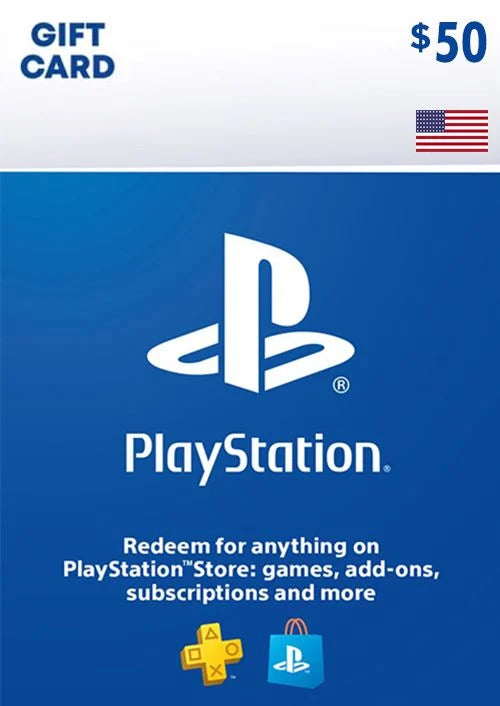 Sony PlayStation Network Gift Card 50 USD for PSN, showing the digital code and packaging for United States.